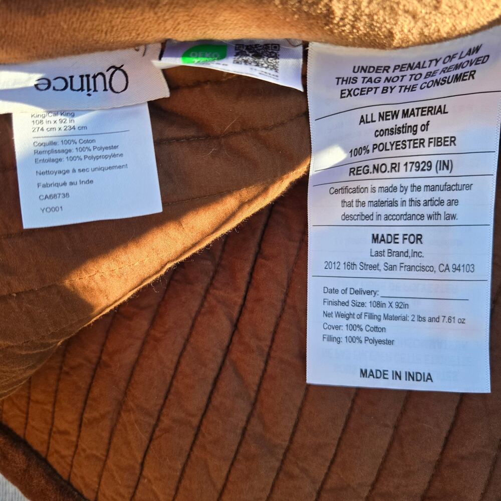 New Quince 100% Cotton Velvet Vertical Channel Quilt King Cal King Chestnut - Picture 8 of 9